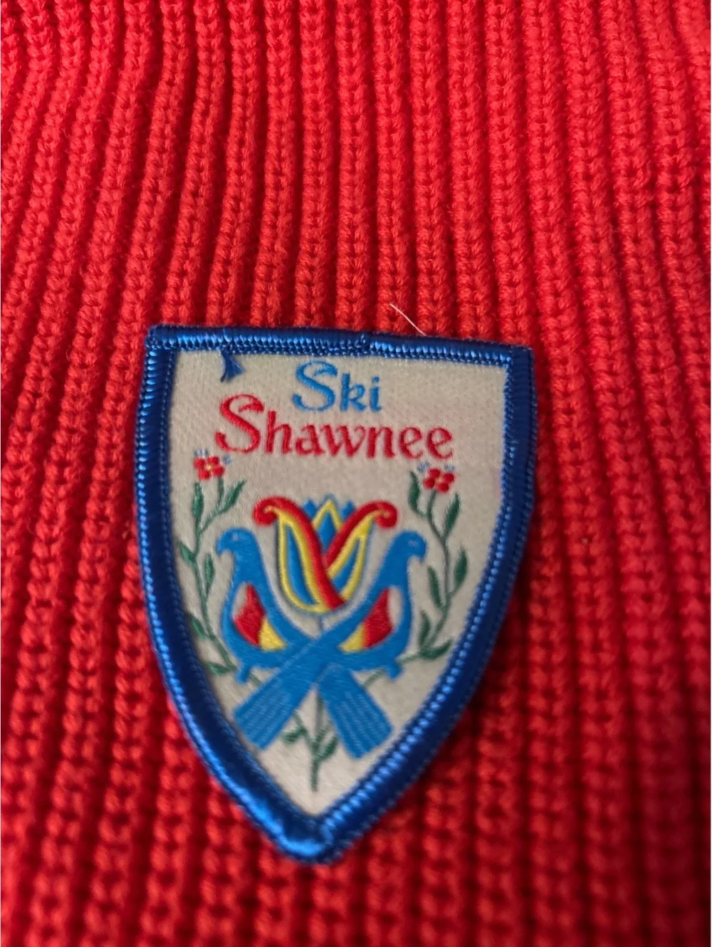 Vintage Ski Shawnee Embroidered Patch on Red Knit Fabric